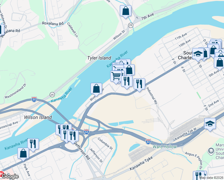 map of restaurants, bars, coffee shops, grocery stores, and more near 3 Maccorkle Avenue Southwest in South Charleston