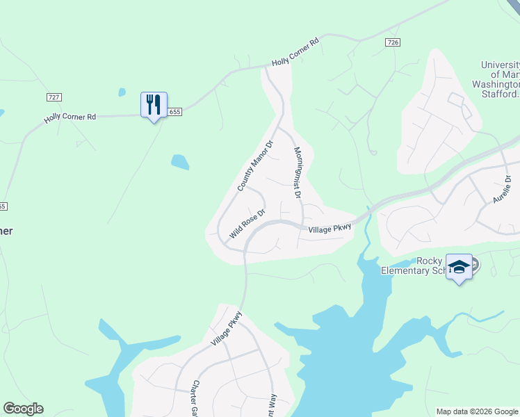 map of restaurants, bars, coffee shops, grocery stores, and more near 23 Wild Rose Drive in Fredericksburg