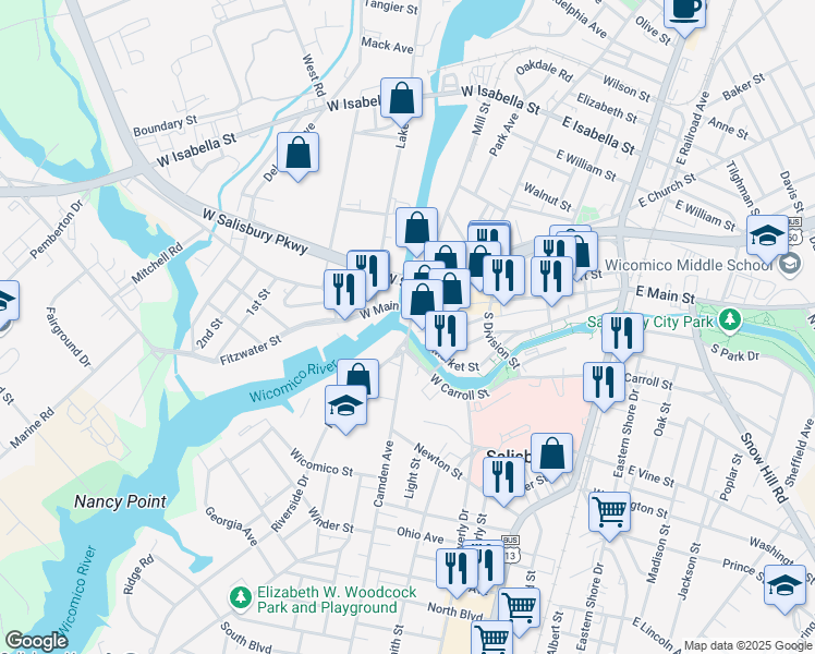 map of restaurants, bars, coffee shops, grocery stores, and more near 150 West Market Street in Salisbury