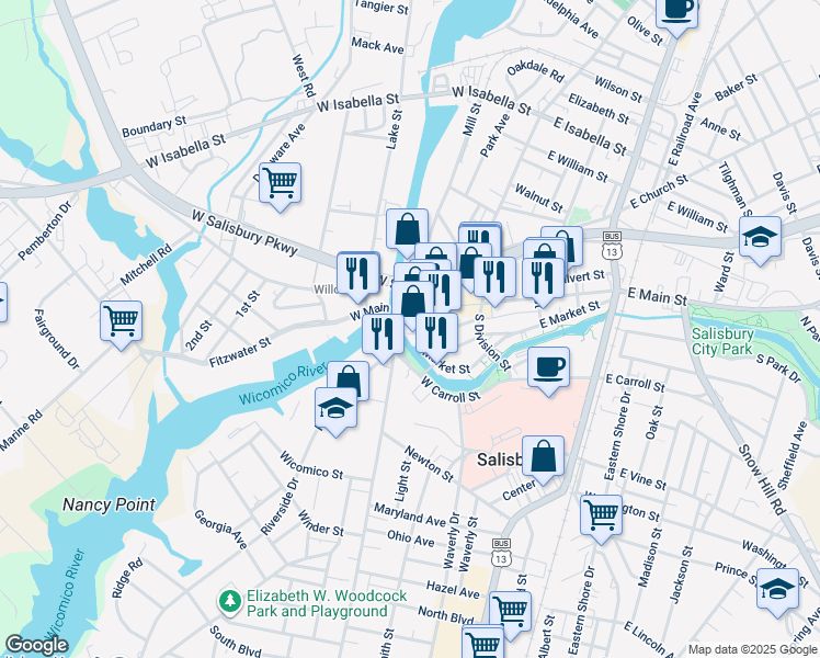 map of restaurants, bars, coffee shops, grocery stores, and more near 150 West Market Street in Salisbury