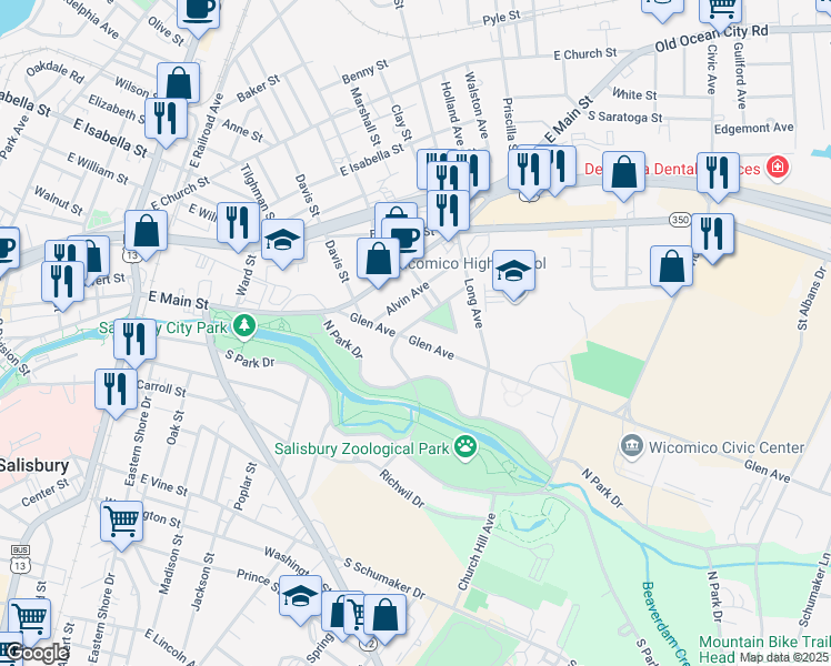 map of restaurants, bars, coffee shops, grocery stores, and more near 702 East Salisbury Parkway in Salisbury