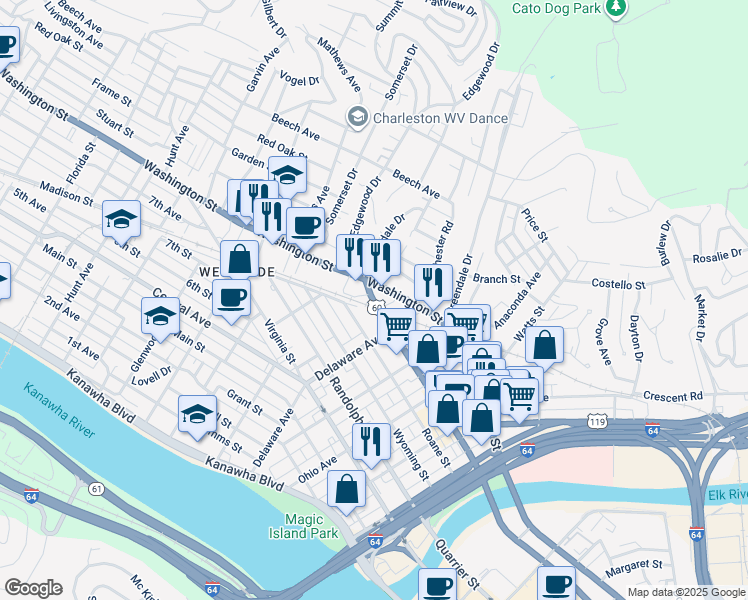map of restaurants, bars, coffee shops, grocery stores, and more near 511 Roane Street in Charleston