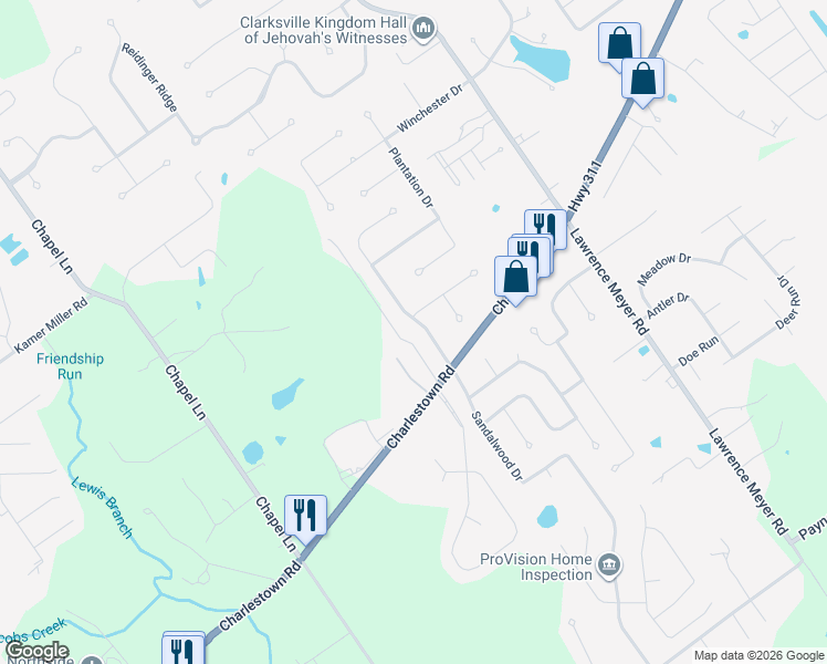 map of restaurants, bars, coffee shops, grocery stores, and more near 3003 Plantation Drive in Sellersburg