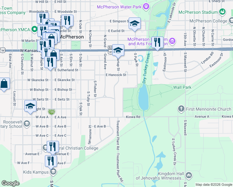 map of restaurants, bars, coffee shops, grocery stores, and more near 516 South Park Street in McPherson