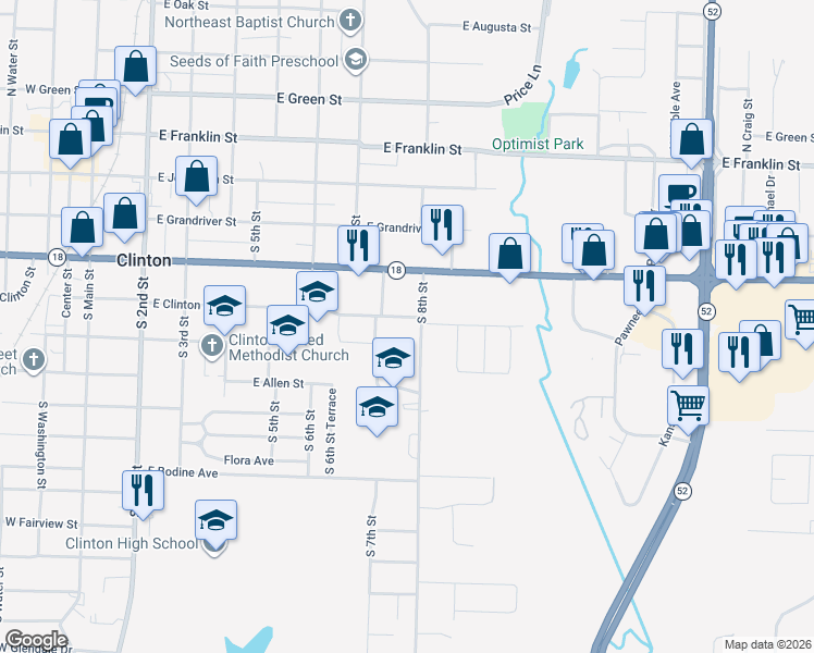 map of restaurants, bars, coffee shops, grocery stores, and more near 501-617 South 8th Street in Clinton