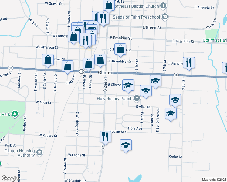 map of restaurants, bars, coffee shops, grocery stores, and more near 408-498 South 3rd Street in Clinton
