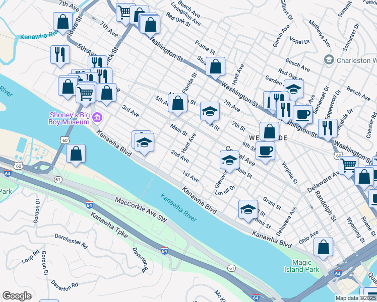 map of restaurants, bars, coffee shops, grocery stores, and more near 307 Hunt Avenue in Charleston