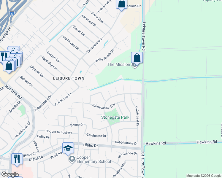 map of restaurants, bars, coffee shops, grocery stores, and more near 331 Fieldstone Court in Vacaville