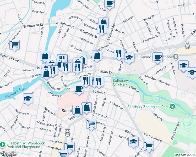 map of restaurants, bars, coffee shops, grocery stores, and more near 118 South Salisbury Boulevard in Salisbury