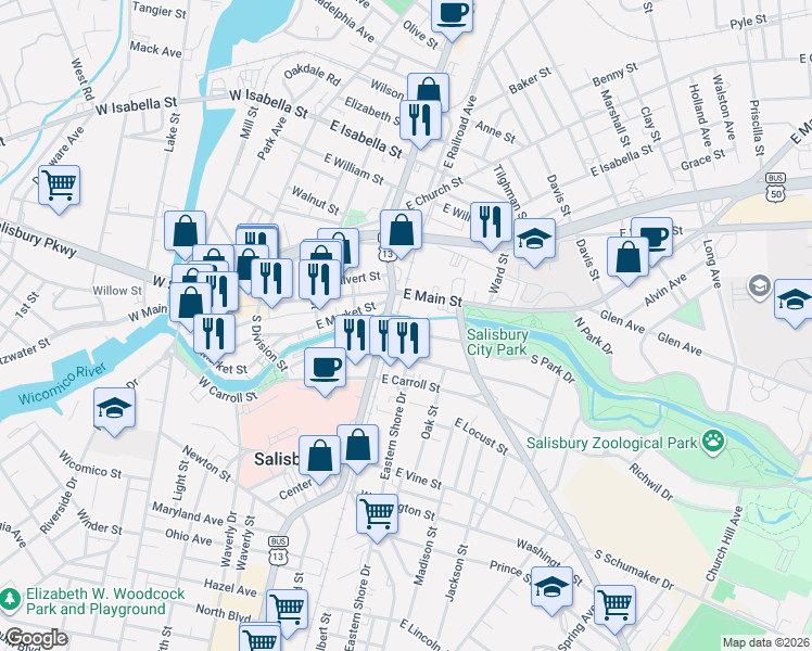 map of restaurants, bars, coffee shops, grocery stores, and more near 118 South Salisbury Boulevard in Salisbury