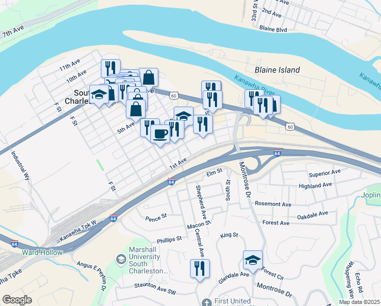 map of restaurants, bars, coffee shops, grocery stores, and more near 120 C St in Charleston
