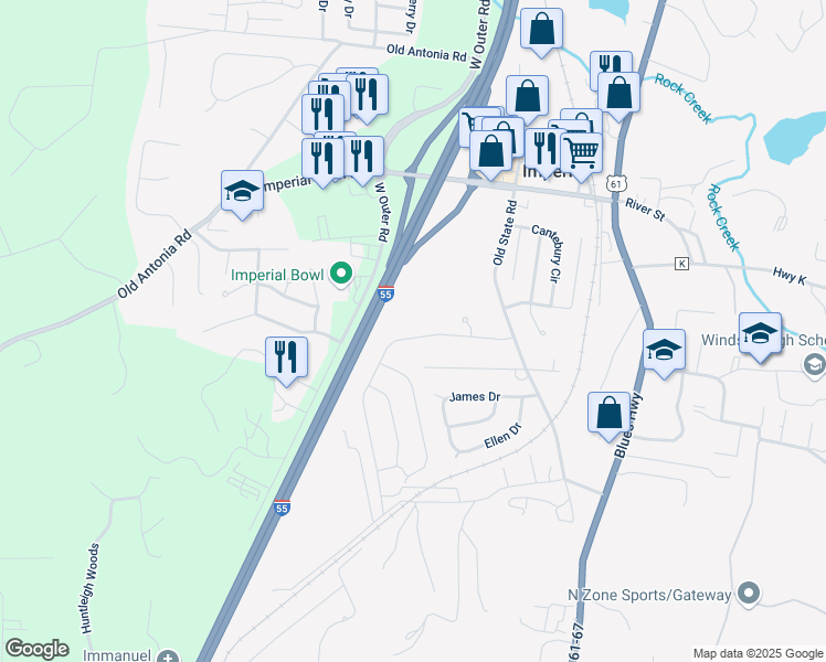 map of restaurants, bars, coffee shops, grocery stores, and more near 1371 Grey Wolf Drive in Imperial