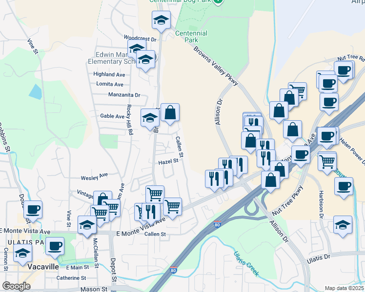 map of restaurants, bars, coffee shops, grocery stores, and more near 1444 Callen Street in Vacaville