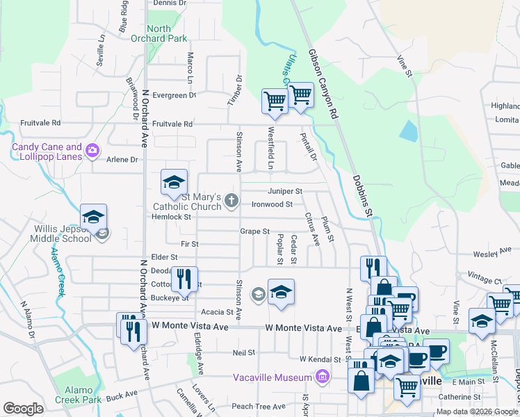 map of restaurants, bars, coffee shops, grocery stores, and more near 273 Juniper Street in Vacaville