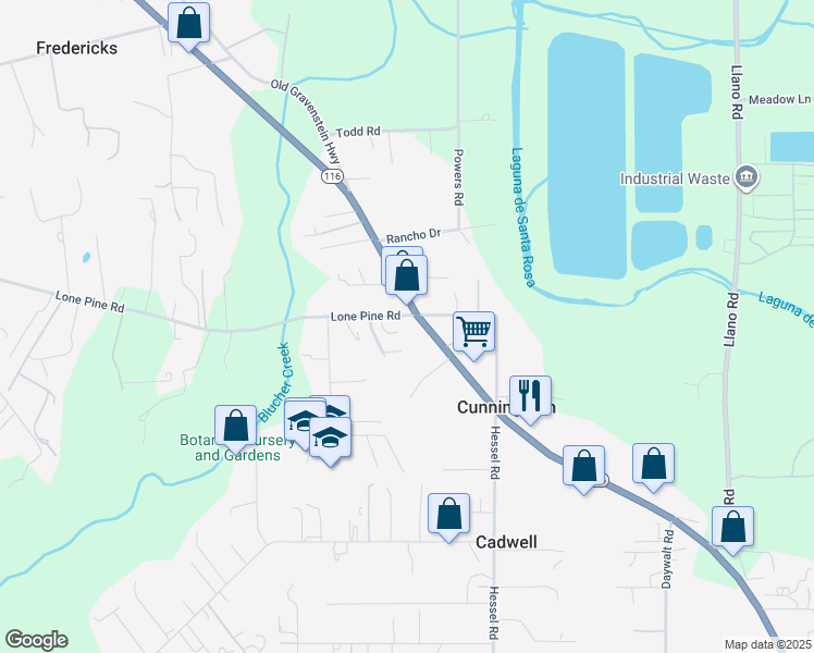 map of restaurants, bars, coffee shops, grocery stores, and more near 3595 Gravenstein Highway South in Sebastopol