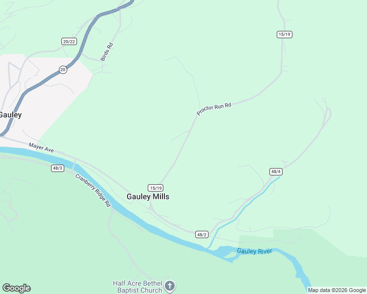 map of restaurants, bars, coffee shops, grocery stores, and more near Proctor Run Road in Camden-on-Gauley