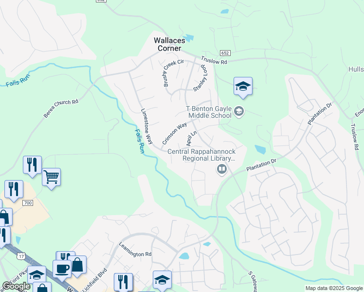 map of restaurants, bars, coffee shops, grocery stores, and more near 137 Limestone Way in Fredericksburg