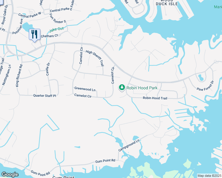 map of restaurants, bars, coffee shops, grocery stores, and more near 123 Camelot Circle in Ocean Pines