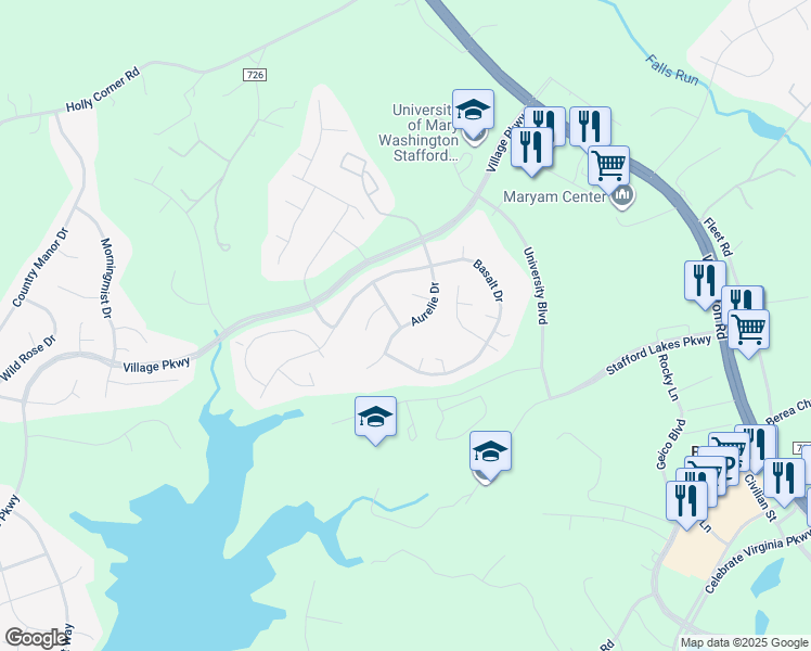 map of restaurants, bars, coffee shops, grocery stores, and more near 31 Aurelie Drive in Fredericksburg