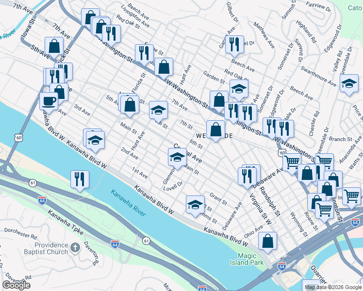map of restaurants, bars, coffee shops, grocery stores, and more near 501 Glenwood Avenue in Charleston