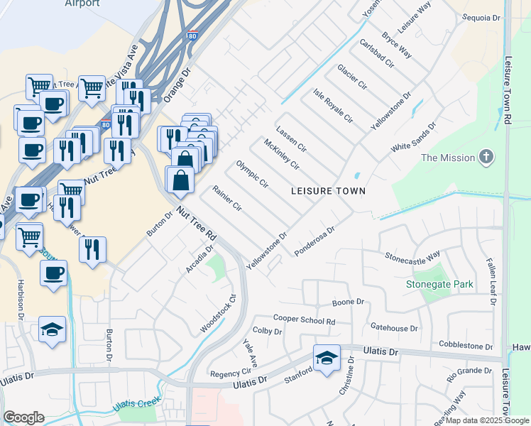 map of restaurants, bars, coffee shops, grocery stores, and more near 114 Olympic Circle in Vacaville