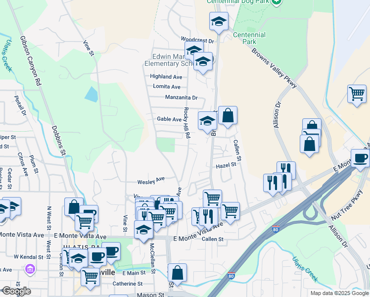 map of restaurants, bars, coffee shops, grocery stores, and more near 500 Rocky Hill Road in Vacaville