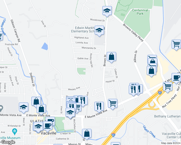 map of restaurants, bars, coffee shops, grocery stores, and more near 100 Holly Lane in Vacaville