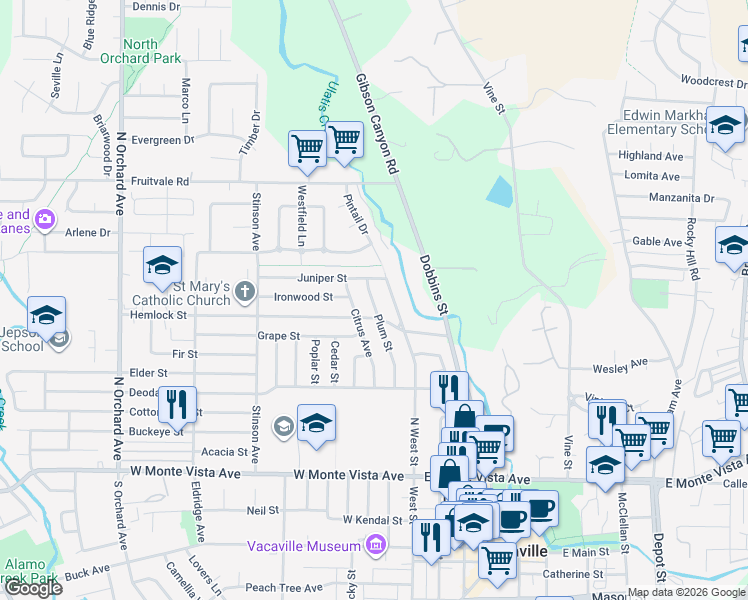 map of restaurants, bars, coffee shops, grocery stores, and more near 300 West Street in Vacaville