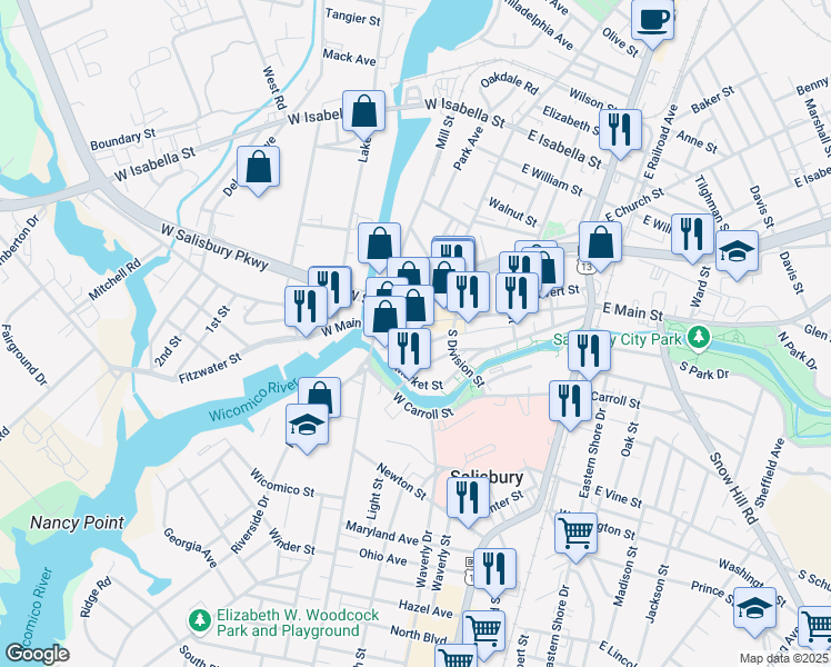 map of restaurants, bars, coffee shops, grocery stores, and more near 115 West Main Street in Salisbury