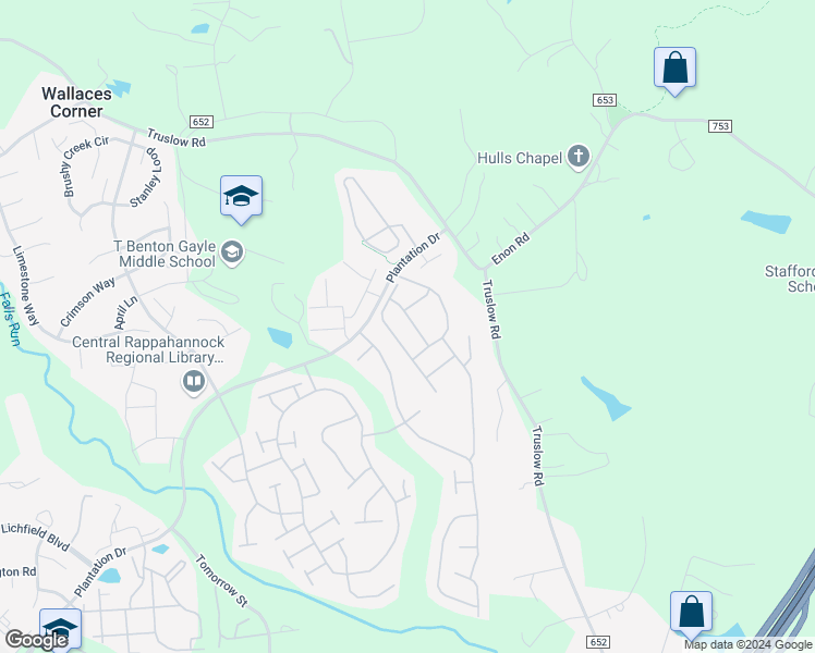 map of restaurants, bars, coffee shops, grocery stores, and more near 20 Highlander Drive in Fredericksburg