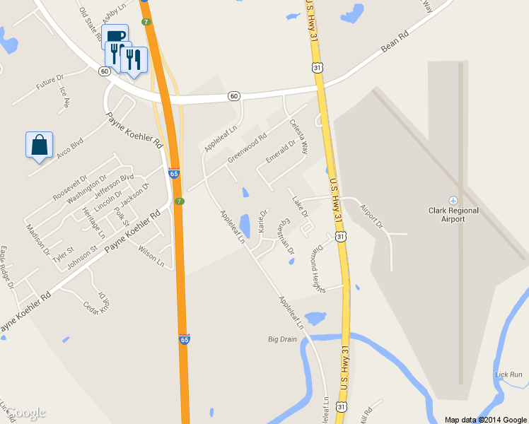 map of restaurants, bars, coffee shops, grocery stores, and more near 111 Karie Dr in Sellersburg