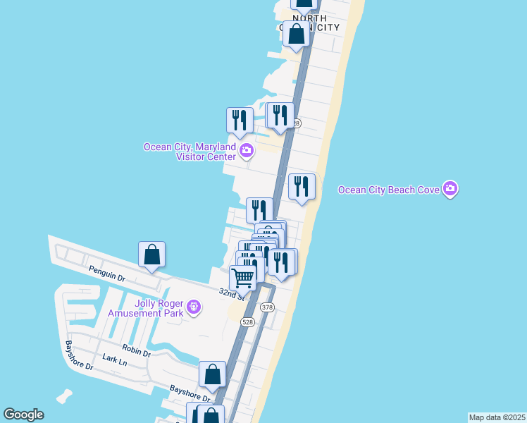 map of restaurants, bars, coffee shops, grocery stores, and more near 3701 Coastal Highway in Ocean City