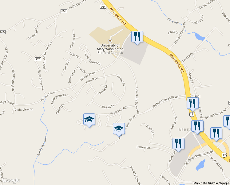 map of restaurants, bars, coffee shops, grocery stores, and more near 8 Pierre Emmanuel Court in Fredericksburg