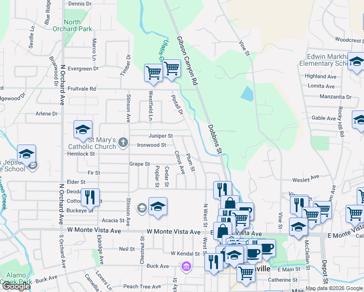 map of restaurants, bars, coffee shops, grocery stores, and more near 348 North West Street in Vacaville