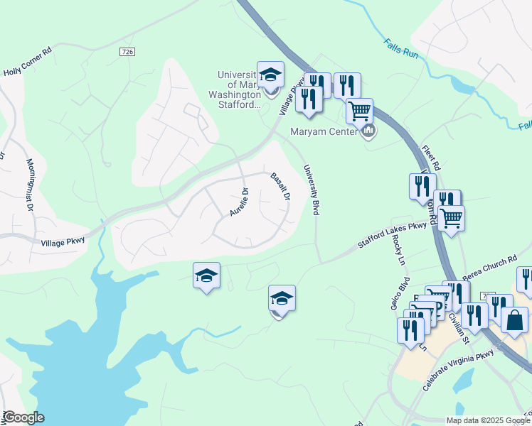 map of restaurants, bars, coffee shops, grocery stores, and more near 8 Pierre Emmanuel Court in Fredericksburg