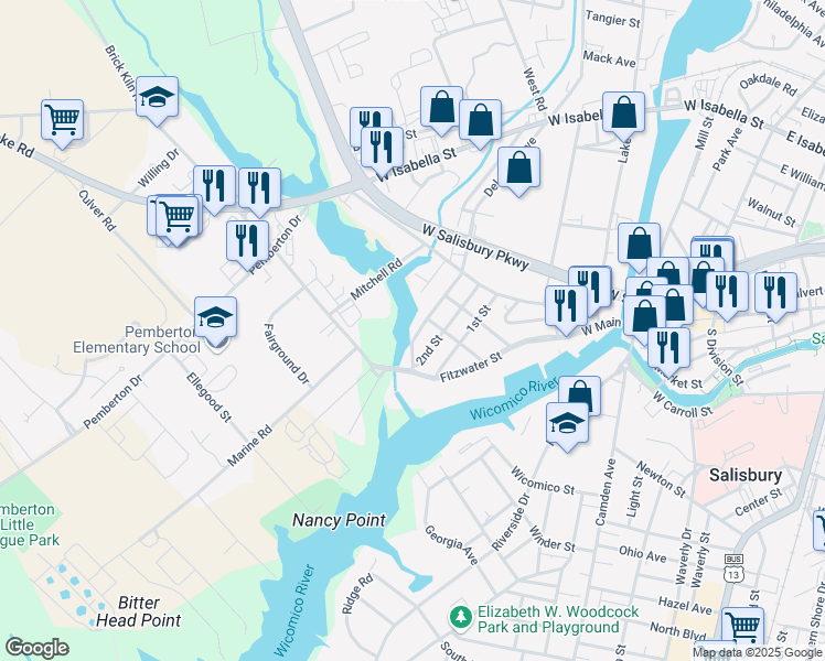 map of restaurants, bars, coffee shops, grocery stores, and more near 114 Delaware Avenue in Salisbury