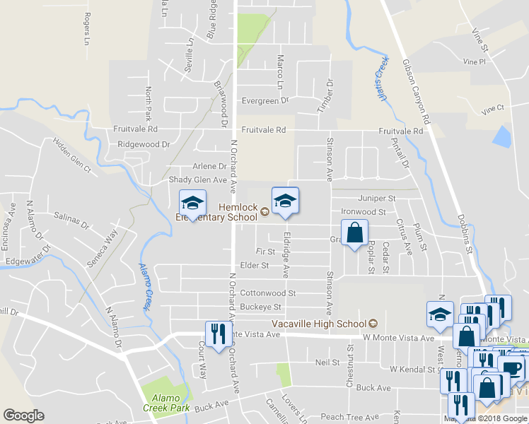 map of restaurants, bars, coffee shops, grocery stores, and more near 400 Hemlock Street in Vacaville