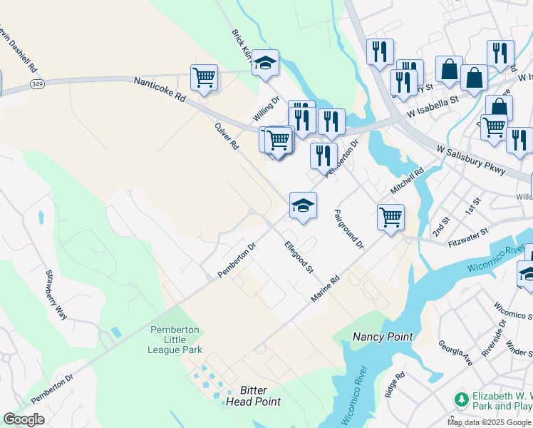 map of restaurants, bars, coffee shops, grocery stores, and more near 6287 Culver Road in Salisbury