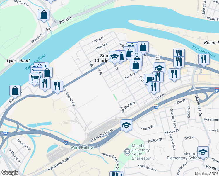 map of restaurants, bars, coffee shops, grocery stores, and more near 101 5th Avenue Southwest in South Charleston