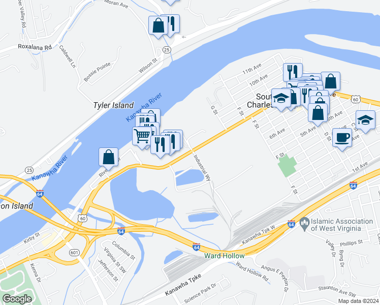 map of restaurants, bars, coffee shops, grocery stores, and more near 305 MacCorkle Avenue Southwest in South Charleston