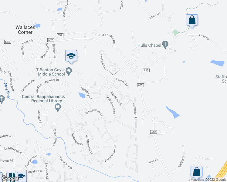 map of restaurants, bars, coffee shops, grocery stores, and more near 35 Aspen Hill Drive in Fredericksburg