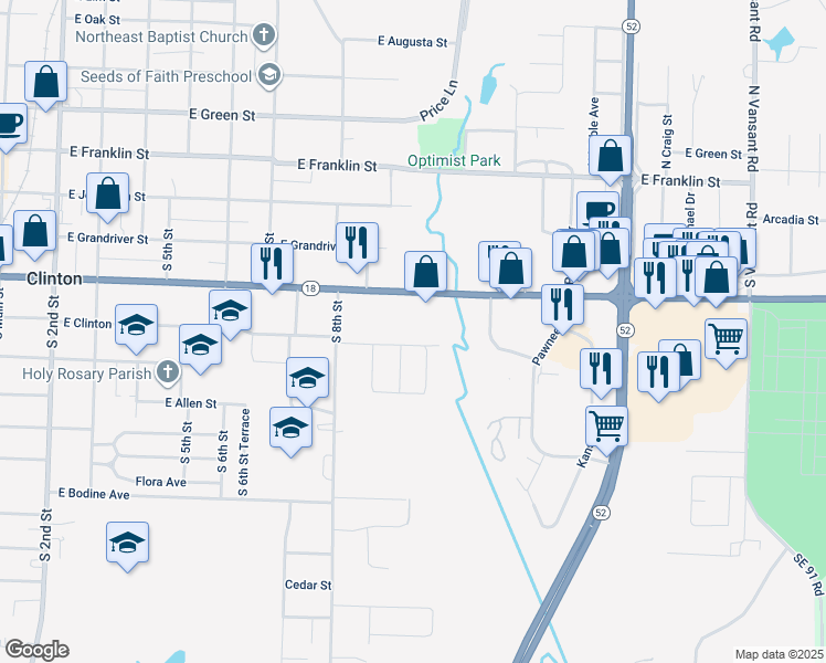map of restaurants, bars, coffee shops, grocery stores, and more near 809 East Clinton Street in Clinton