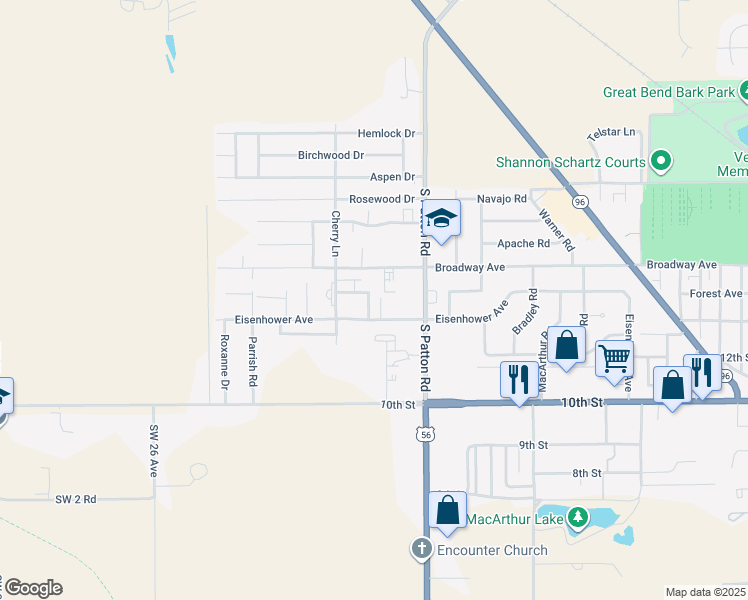 map of restaurants, bars, coffee shops, grocery stores, and more near 1309 Cherry Place in Great Bend