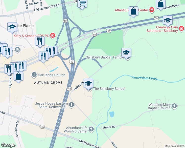 map of restaurants, bars, coffee shops, grocery stores, and more near 6280 Hobbs Road in Salisbury