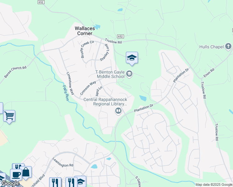 map of restaurants, bars, coffee shops, grocery stores, and more near 23 June Court in Fredericksburg