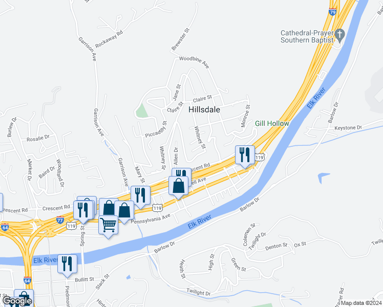 map of restaurants, bars, coffee shops, grocery stores, and more near 1805 Whitney Street in Charleston
