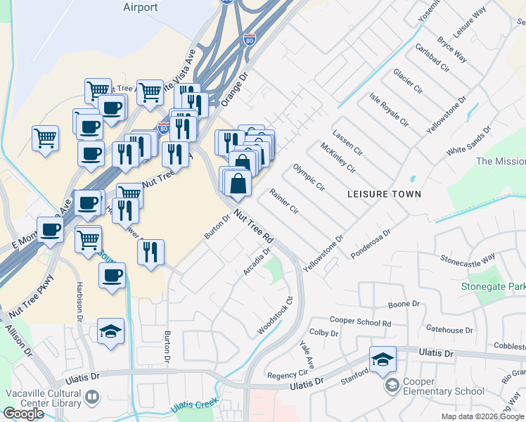 map of restaurants, bars, coffee shops, grocery stores, and more near 139 Rainier Circle in Vacaville