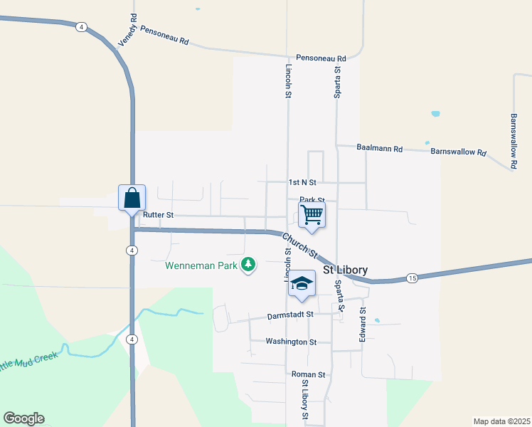map of restaurants, bars, coffee shops, grocery stores, and more near 1027 Roosevelt Street in Saint Libory
