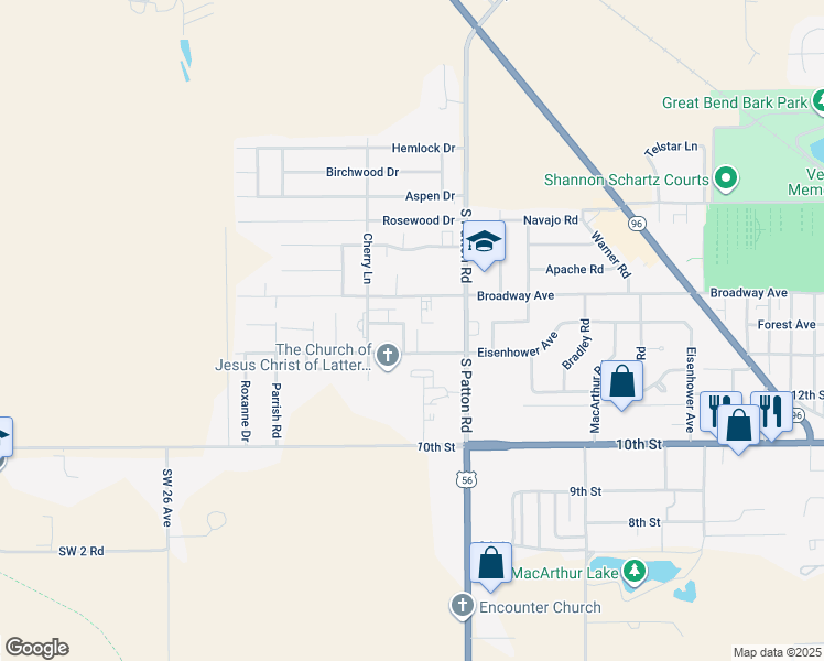 map of restaurants, bars, coffee shops, grocery stores, and more near 1309 Cherry Place in Great Bend