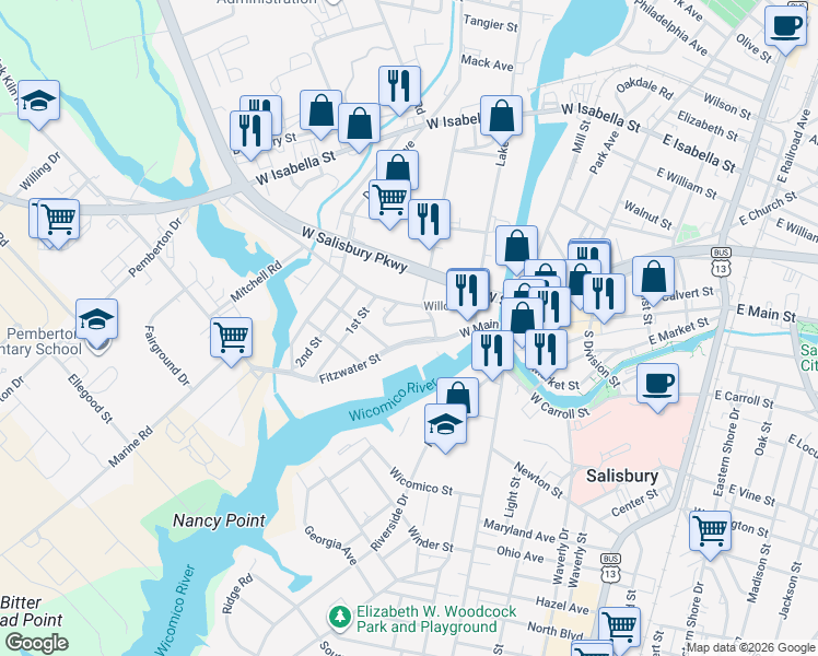 map of restaurants, bars, coffee shops, grocery stores, and more near 620 Germania Circle in Salisbury